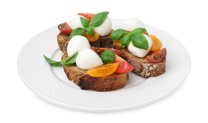 Tasty sandwiches with mozzarella cheese, tomatoes and basil isolated on white