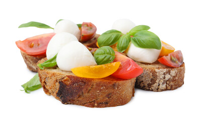 Tasty sandwiches with mozzarella cheese, tomatoes and basil isolated on white