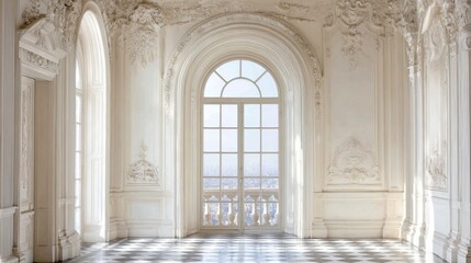 Obraz premium Sunlight streams through the arched window of a luxurious white ballroom, illuminating the ornate plasterwork and checkered floor, offering a breathtaking view of the city