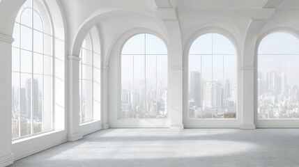 Bright sunlight flooding minimalist white interior, large arched windows revealing urban panorama, expansive space radiating serene, luminous ambiance