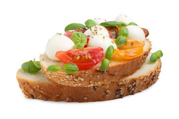 Tasty sandwich with mozzarella cheese, tomatoes and basil isolated on white