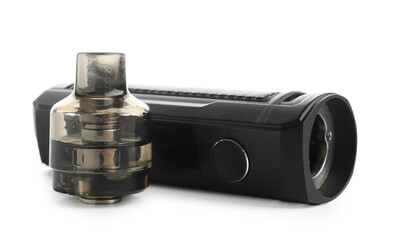 Black electronic smoking device and empty cartridge isolated on white