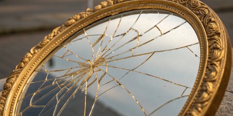 Obraz premium Concept of regret as a shattered mirror glued back with gold threads 