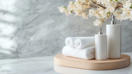 A calm spa setting showcases neatly stacked towels alongside sleek lotion bottles, inviting relaxation and self-care in a minimalist, tranquil environment.