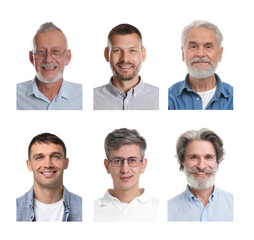 Photos of different men for passport or other identification document on white background, set