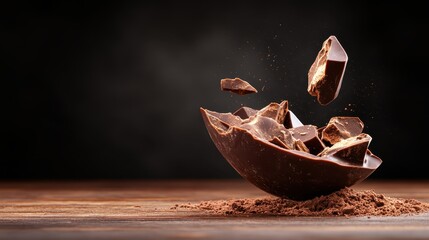 A captivating image of a chocolate egg shattered, revealing rich chocolate pieces inside, evoking feelings of indulgence and joy for chocolate lovers everywhere.