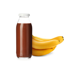 Tasty chocolate milk in glass bottle and fresh banana fruits on white background