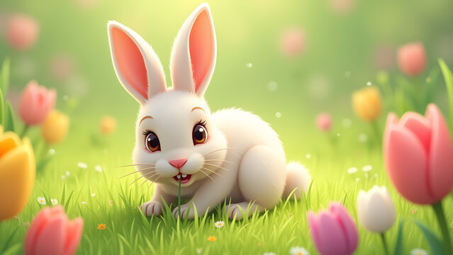 Baby bunny nibbles on fresh spring grass surrounded