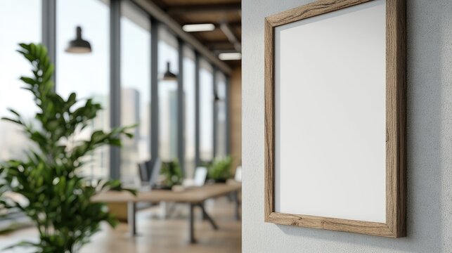 Empty frame on a wall in a modern office space. City view
