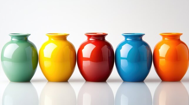 This image showcases a row of five vibrantly colored ceramic vases, displaying an artistic arrangement of shape and color, inviting a sense of creativity and decor inspiration.
