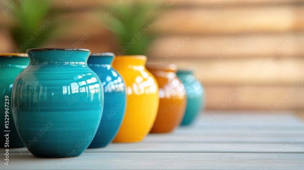 Poster a vibrant array of ceramic vases in different colors sits neatly on a wooden table, showcasing artis