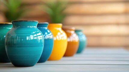 A vibrant array of ceramic vases in different colors sits neatly on a wooden table, showcasing artistic craftsmanship and creating an engaging visual spectacle of hues.