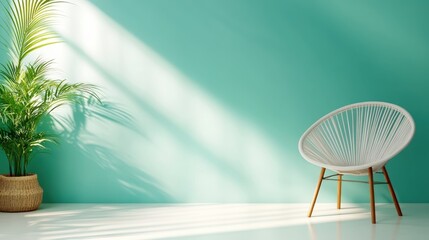 This image showcases a beautiful indoor plant next to a fashionable chair, set against a soothing teal wall, emphasizing simplicity and the elegance of modern interior design.