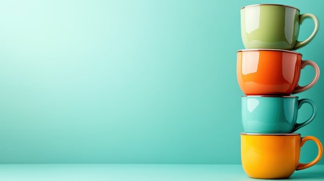 A stack of four brightly colored ceramic mugs positioned against a smooth teal background, reflecting a cheerful and inviting atmosphere perfect for coffee lovers.