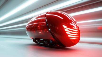 Fototapeta premium A stunning futuristic red object blurs through a bright environment, symbolizing speed, innovation, and the ever-evolving world of technology and design.