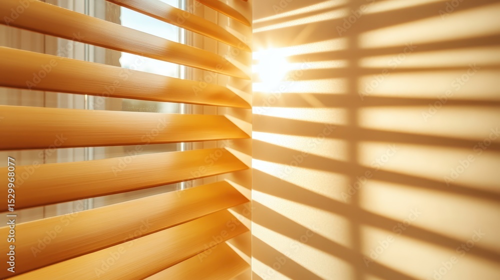 Aufkleber sunlight streams through wooden blinds, casting beautiful patterns and shadows on a wall, creating a