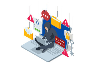 Isometric hooded hacker on a laptop keyboard, surrounded by hooks snaring emails, login forms, credit cards, padlock icons, all flagged with red warning triangles to illustrate a phishing attack.
