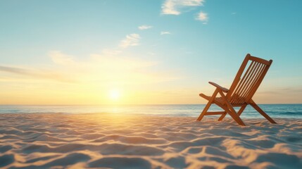 A stunning image capturing a lone wooden chair sitting on the beach as the sun sets over the tranquil sea, emphasizing relaxation and peaceful solitude.