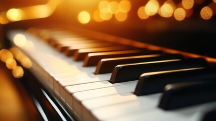 Beautiful close-up image of a piano's black and white keys, glowing warmly under soft lighting, evoking emotions tied to music and artistic expression.