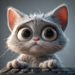 Adorable Cartoon Kitten Typing on Keyboard &ndash; AI Generated 3D Illustration of Cute Gray Cat

