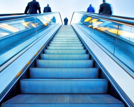 A low-angle view of an escalator with blurred figures ascending and descending, conveying a sense of movement and urban transit - Powered by Adobe