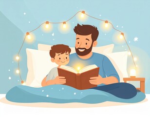 Beautiful animated bedtime scene with pastel colors, father reading to child, warm lights and dreamy Father’s Day concept