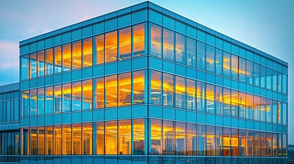 Glass building reflecting sunset, clean, modern design