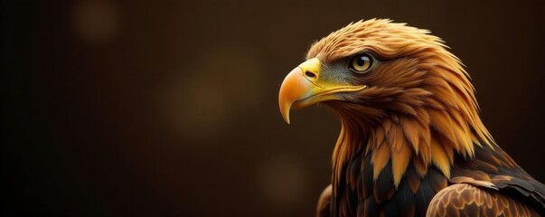 Majestic golden eagle, intense gaze, brown backdrop, close-up, ornithology