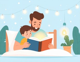 Enchanting bedtime moment with father and child, glowing book, cozy fairy lights, and emotional bonding in pastel animation style for Fathers day concept