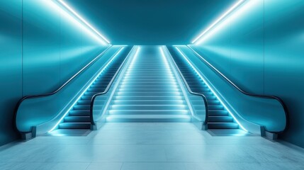 A sleek interior featuring futuristic escalators illuminated with vibrant blue lights, presenting a modern architectural design suitable for urban environments.