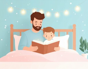 Fairy-tale bedtime Father's Day visual with glowing book, stylized dad and child, gentle pastel tones, and dreamy storytelling vibe