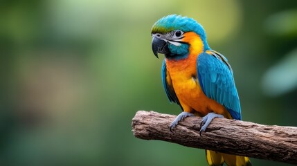 Obraz premium A stunningly vibrant parrot with a mix of blue, yellow, and orange colors sits gracefully on a branch, showcasing its beauty against a soft blurred natural background.
