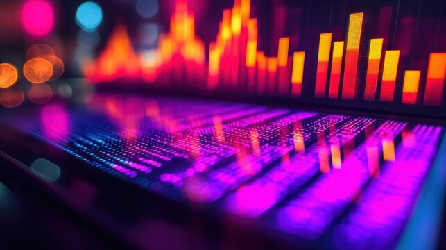 Glowing bar graph & data reflections on shiny surface - Powered by Adobe