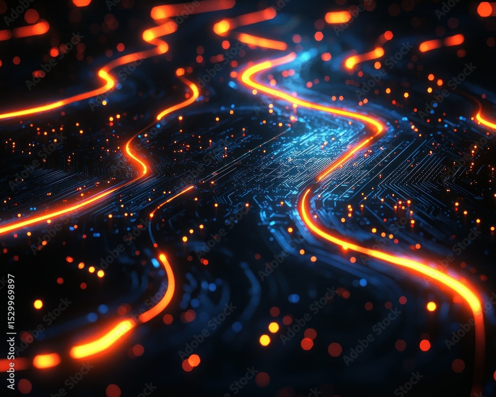 Poster glowing lines traverse dark circuit board with orange bokeh