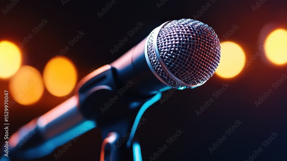 Poster a close-up of a microphone against a backdrop of colorful bokeh lights, capturing the essence of per