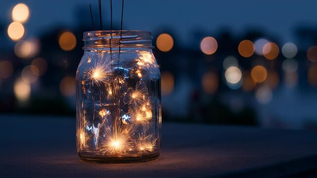 Sparkler jar shines brightly along the waterfront during evening celebration
