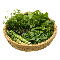 Fototapeta premium A wicker basket brimming with an assortment of fresh, green vegetables and herbs, isolated on transparent background