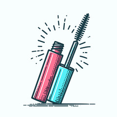 Mascara in colorful packaging, vibrant illustration, beauty product on white background, copy space