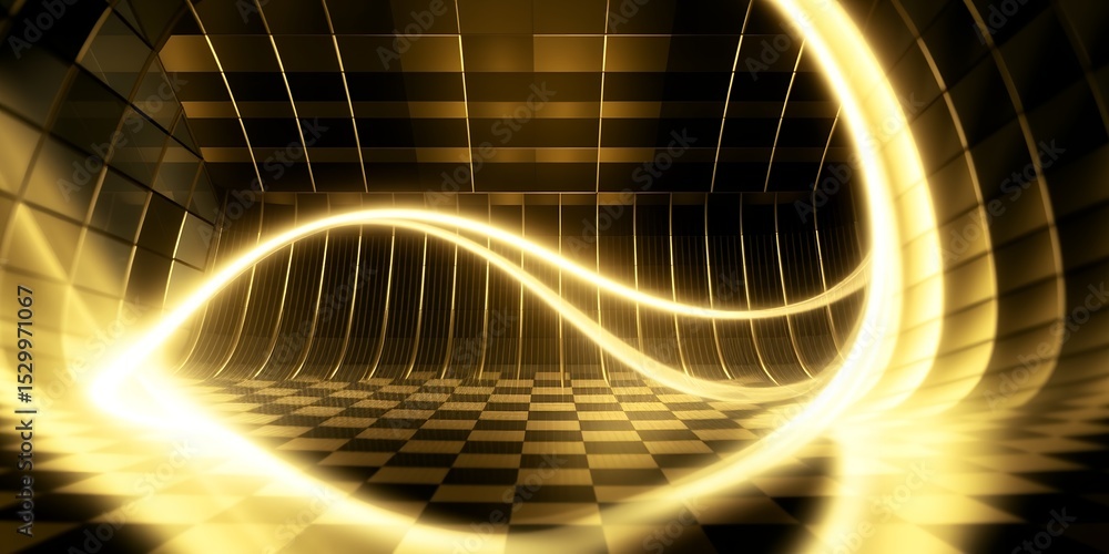 Poster a golden room with checkered floor and walls with glowing lines traversing the space inside it