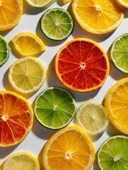 Obraz premium Citrus fruit slices arranged in a pattern on a white background.