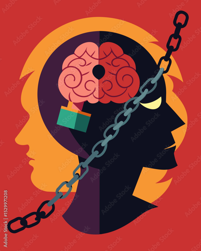 Poster the mind is a prisoner to its own limitations bound by heavy chains and unable to break free.. vecto