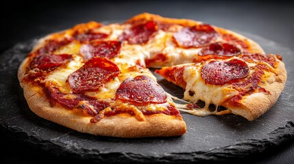 Overhead View of Whole Pepperoni Pizza with Golden Crust and Melted Cheese