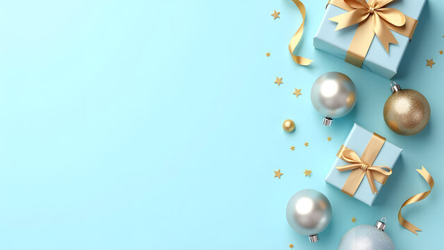 Light Blue and Gold Christmas Arrangement with Gift Box and Baubles on Light Blue Background. Elegant, Festive Christmas Banner, Template, Copy Space, Social Media Post