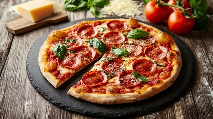 Sliced Pepperoni Pizza on Slate Stone with Golden Brown Crust and Gooey Cheese