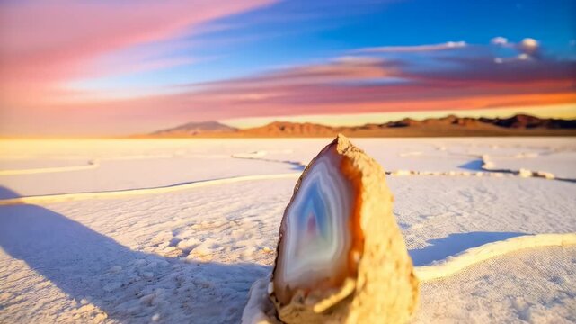 Colorful agate slice resting on salt formations at dawn with mountains and vibrant sky in the background offering geological beauty