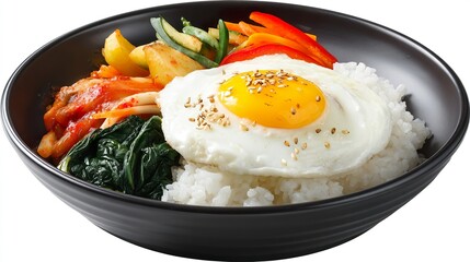 Korean Lunch Bowl with Beef Rice Raw Egg Lettuce and Fermented Vegetables