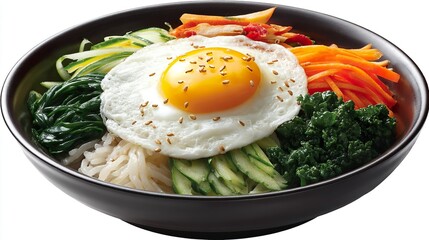 Korean Lunch Bowl with Beef Rice Raw Egg Lettuce and Fermented Vegetables