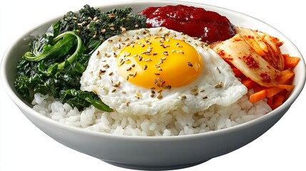 Korean Lunch Bowl with Beef Rice Raw Egg Lettuce and Fermented Vegetables