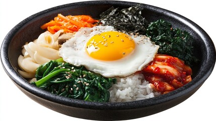 Bibimbap Korean Mixed Rice Bowl with Egg Vegetables Kimchi and Sesame Seeds
