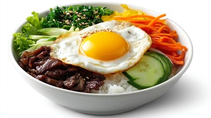 Bibimbap Korean Mixed Rice Bowl with Egg Vegetables Kimchi and Sesame Seeds
